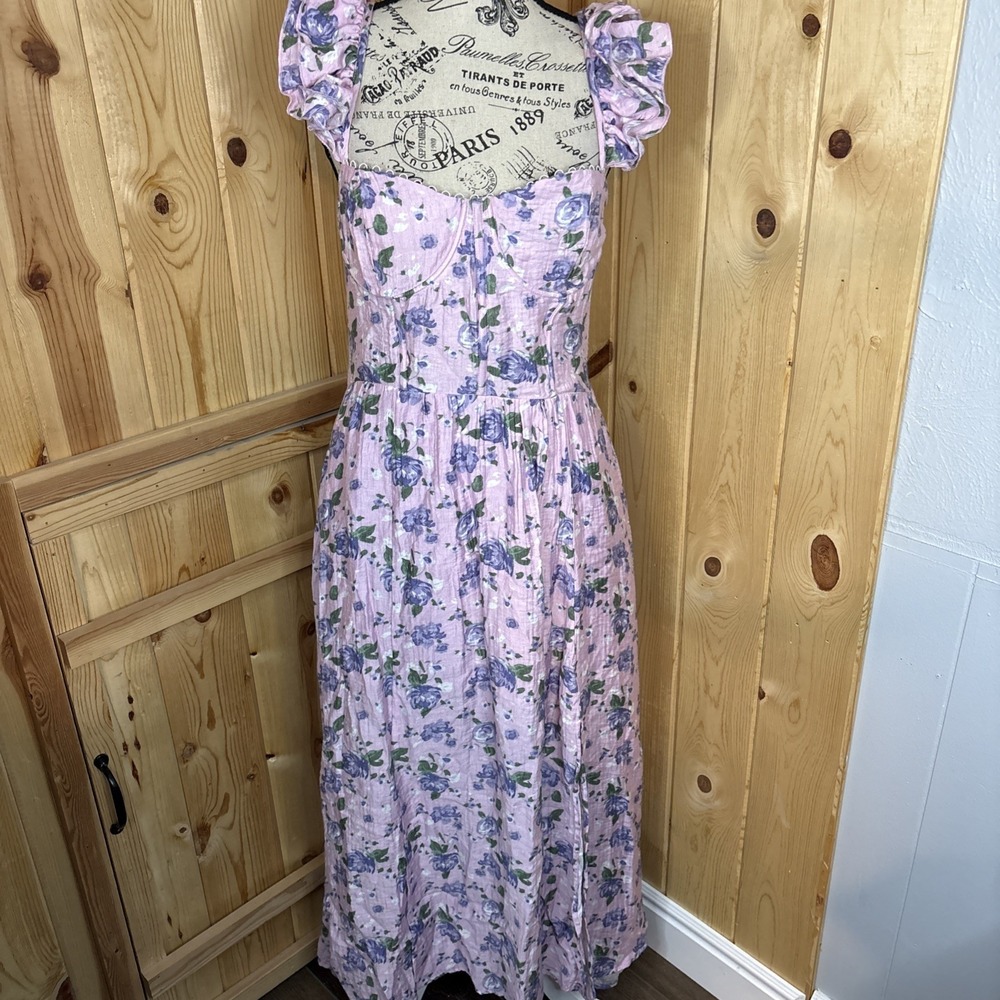 ASTR Wedelia Bustier Pink Floral Midi Dress Size XL Lace-up Back Pockets Corset